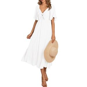 PRETTYGARDEN Summer Dress for Women Casual Short Sleeve Bow Tie,wedding guest